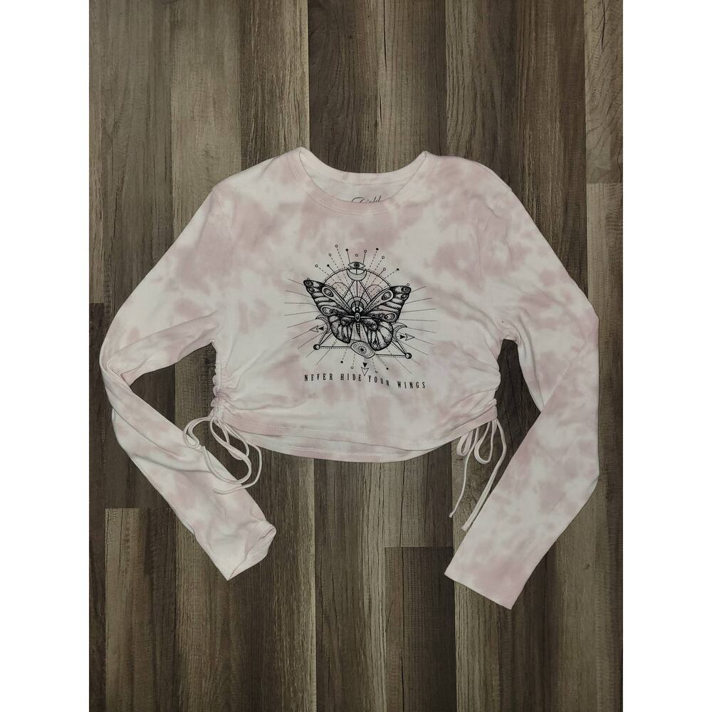Cold Crush Pink/white long sleeve laced side crop top Size L